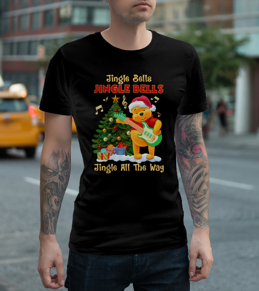 Jingle Bells Jingle Bells Jingle All The Way Christmas Tree Music Notes Pooh Santa Hat Guitar T-Shirt