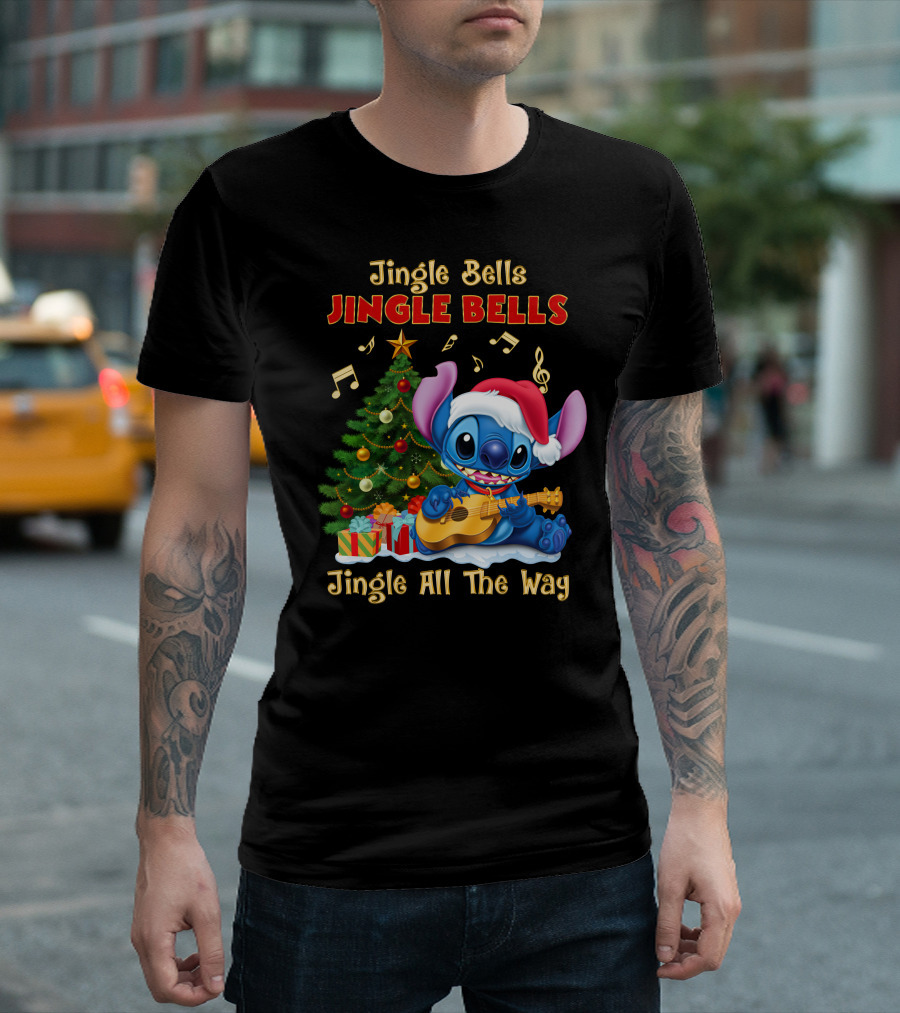 Jingle Bells Jingle Bells Jingle All The Way Stitch Christmas Tree Ukulele T-Shirt