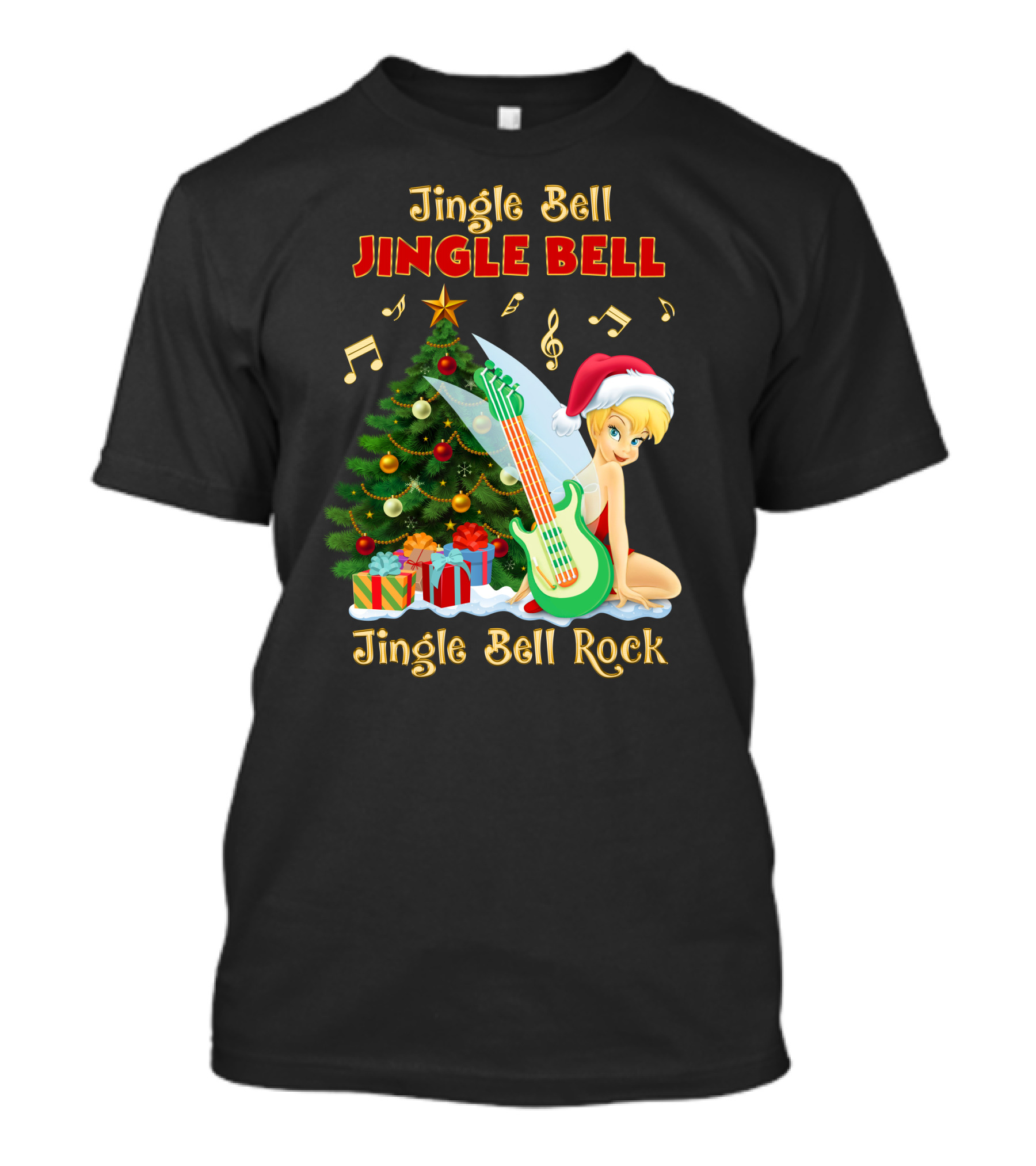 Jingle Bell Jingle Bell Jingle Bell Rock Christmas Tinkerbell Santa Hat Guitar Tree Music T-Shirt