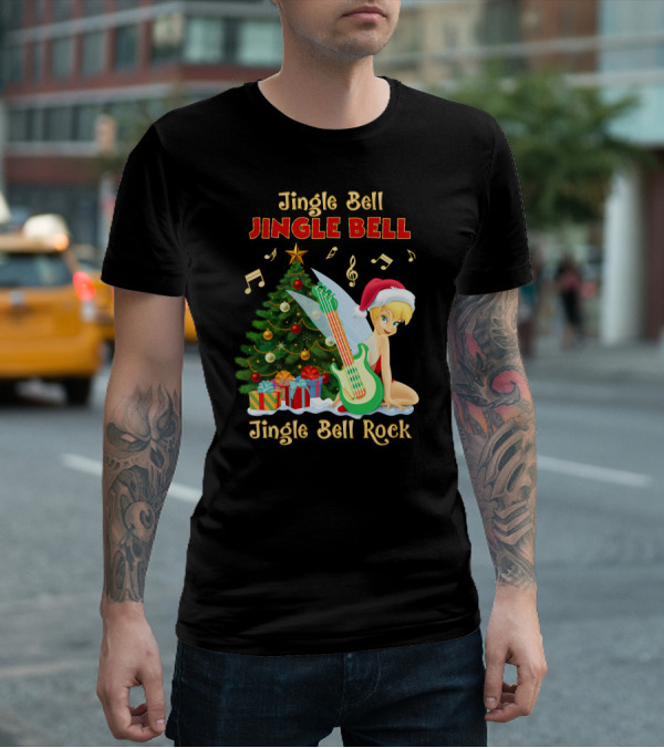 Jingle Bell Jingle Bell Jingle Bell Rock Christmas Tinkerbell Santa Hat Guitar Tree Music T-Shirt