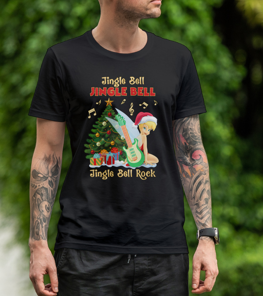 Jingle Bell Jingle Bell Jingle Bell Rock Christmas Tinkerbell Santa Hat Guitar Tree Music T-Shirt