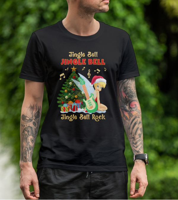 Jingle Bell Jingle Bell Jingle Bell Rock Christmas Tinkerbell Santa Hat Guitar Tree Music T-Shirt