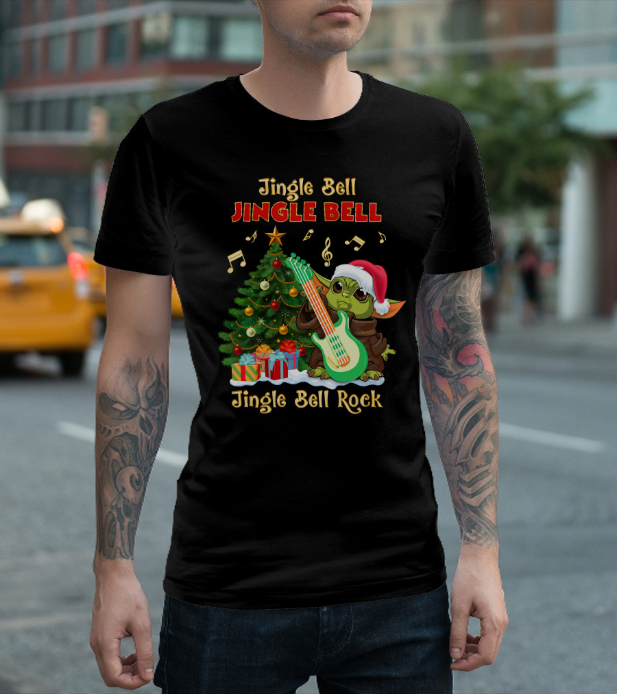 Jingle Bell Jingle Bell Rock Christmas Tree Yoda Santa Hat Guitar Music Notes T-Shirt