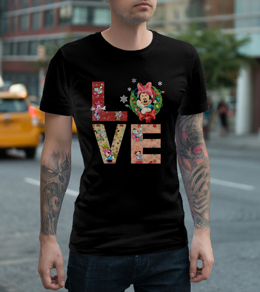 Love Minnie Mouse Christmas Wreath Holiday Snowflakes T-Shirt