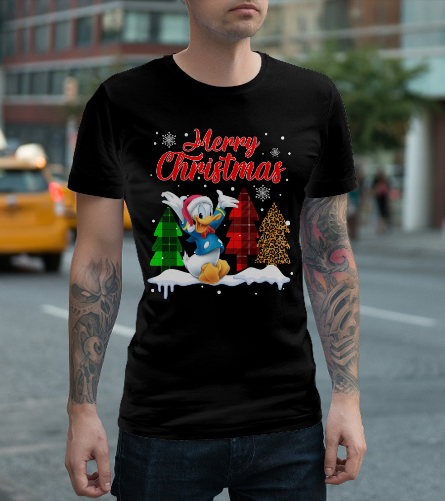 Merry Christmas Donald Duck With Festive Plaid And Leopard Trees T-Shirt