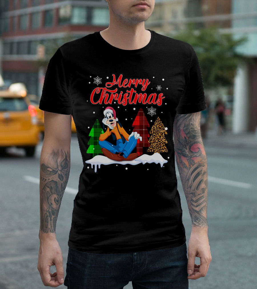 Merry Christmas Goofy With Plaid And Leopard Trees Snowflakes T-Shirt