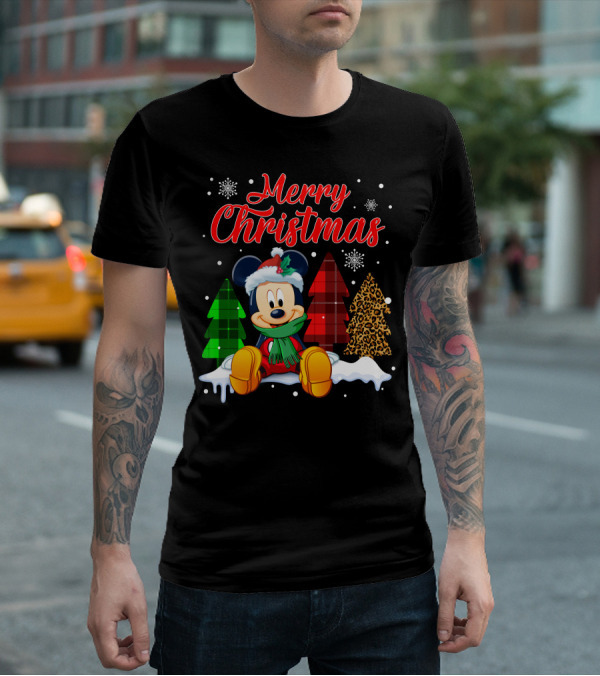 Merry Christmas Mickey Mouse With Plaid And Leopard Trees And Snowflakes T-Shirt
