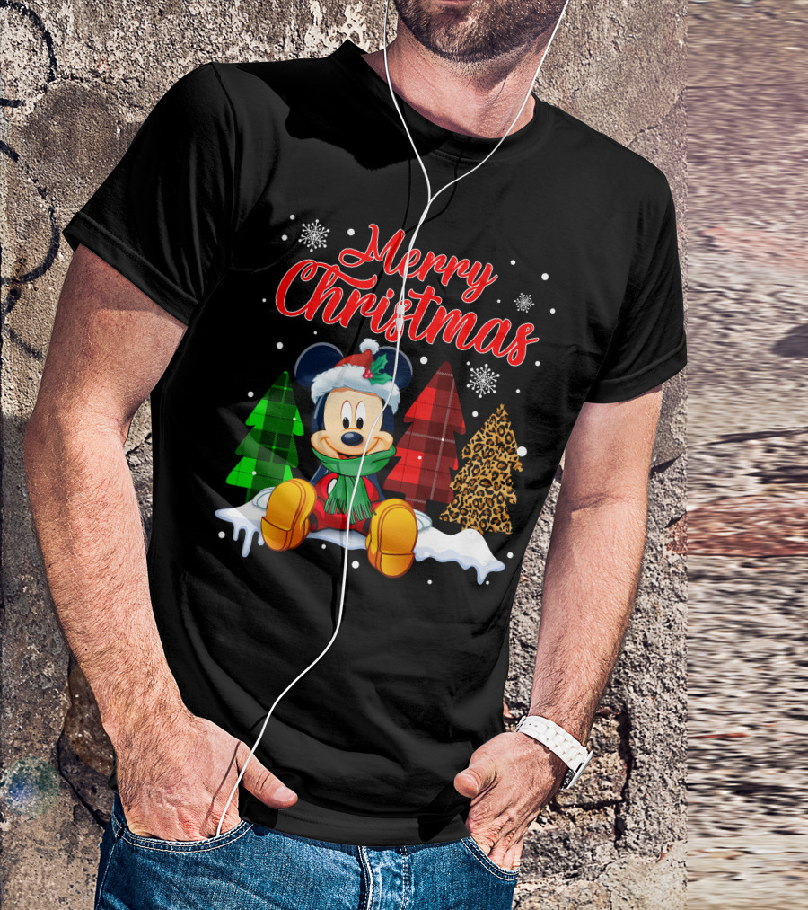 Merry Christmas Mickey Mouse With Plaid And Leopard Trees And Snowflakes T-Shirt