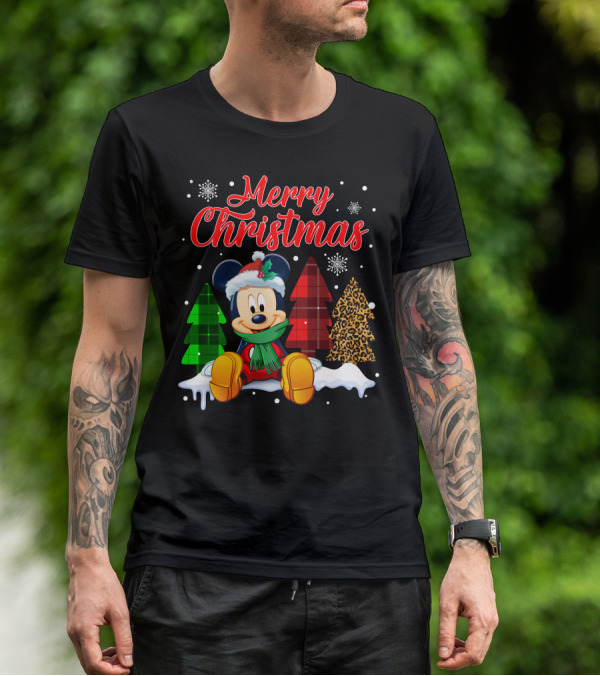 Merry Christmas Mickey Mouse With Plaid And Leopard Trees And Snowflakes T-Shirt