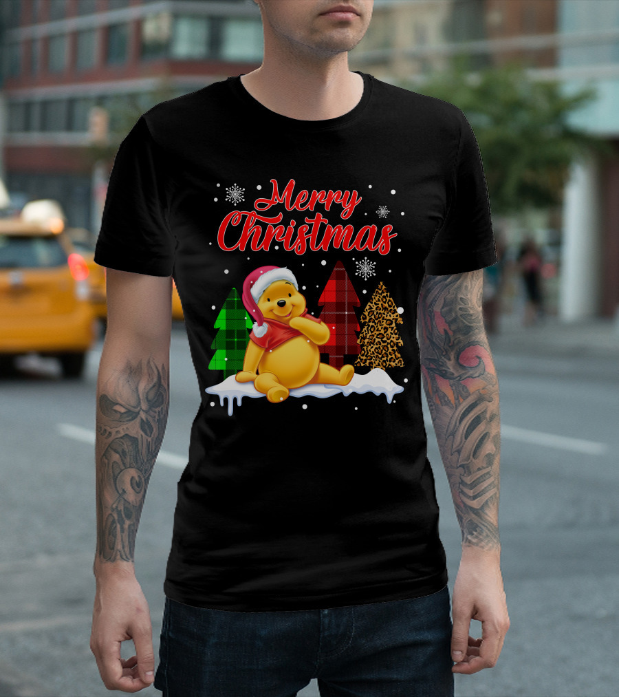 Merry Christmas Pooh Snowflakes Plaid Trees Santa Hat T-Shirt