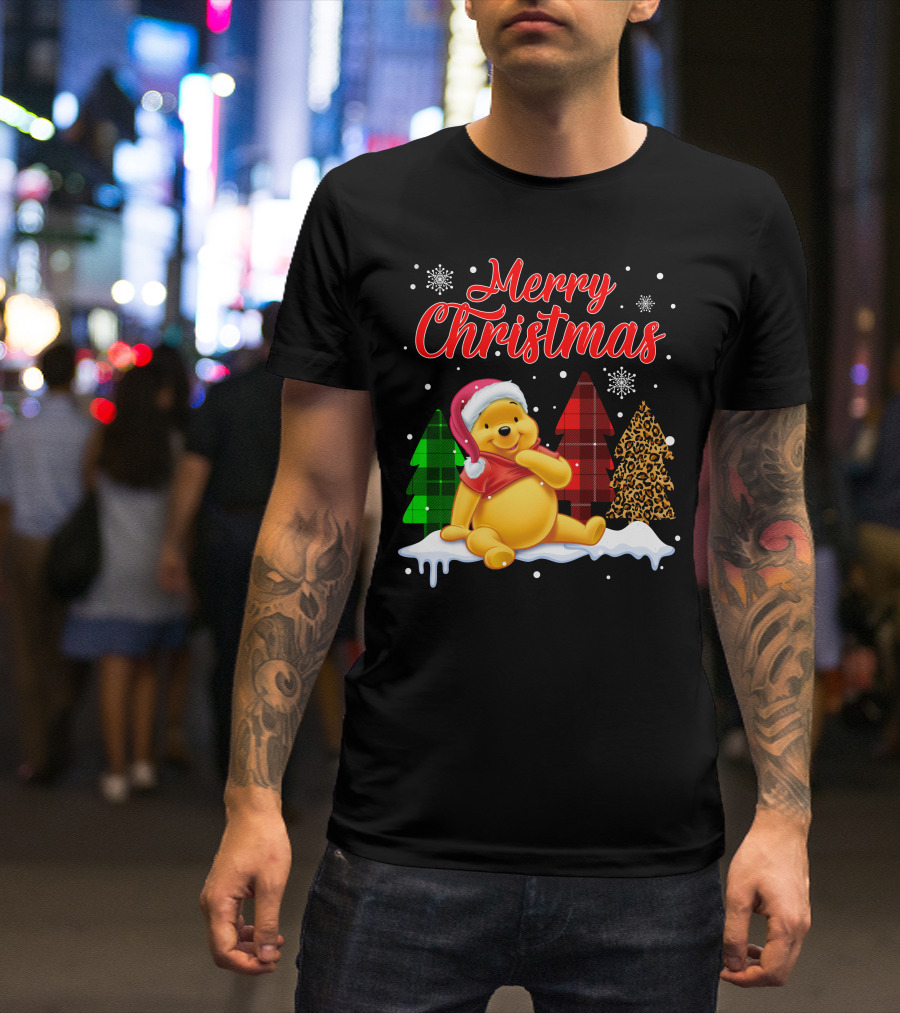 Merry Christmas Pooh Snowflakes Plaid Trees Santa Hat T-Shirt