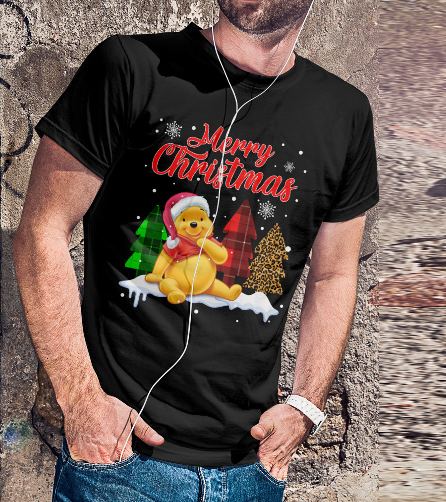 Merry Christmas Pooh Snowflakes Plaid Trees Santa Hat T-Shirt