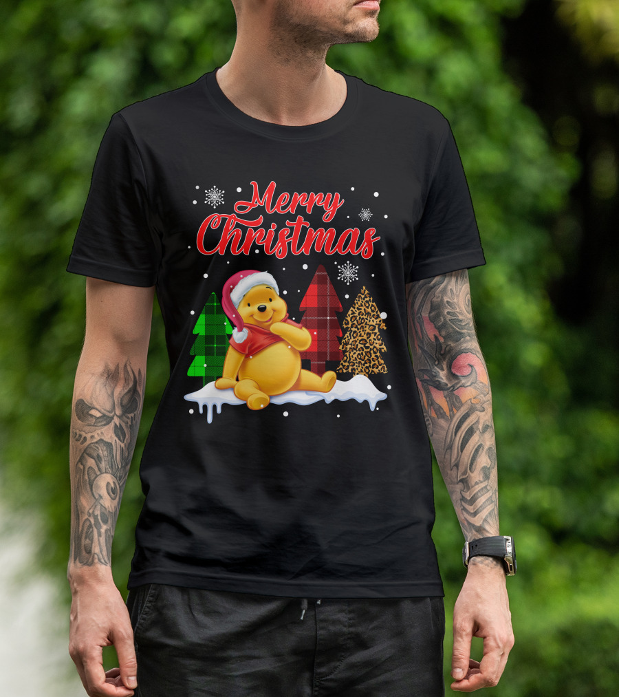 Merry Christmas Pooh Snowflakes Plaid Trees Santa Hat T-Shirt