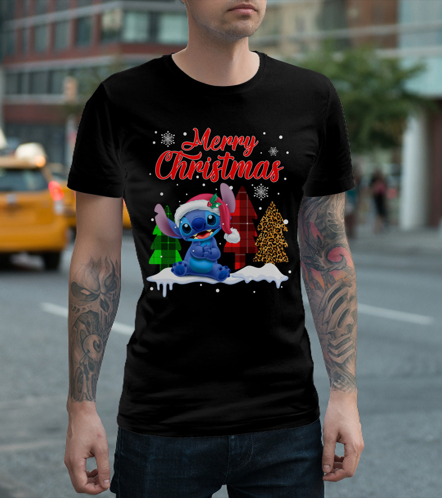 Merry Christmas Stitch Santa Hat Snow Plaid Trees T-Shirt