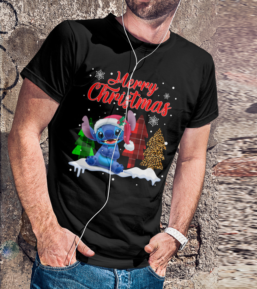 Merry Christmas Stitch Santa Hat Snow Plaid Trees T-Shirt