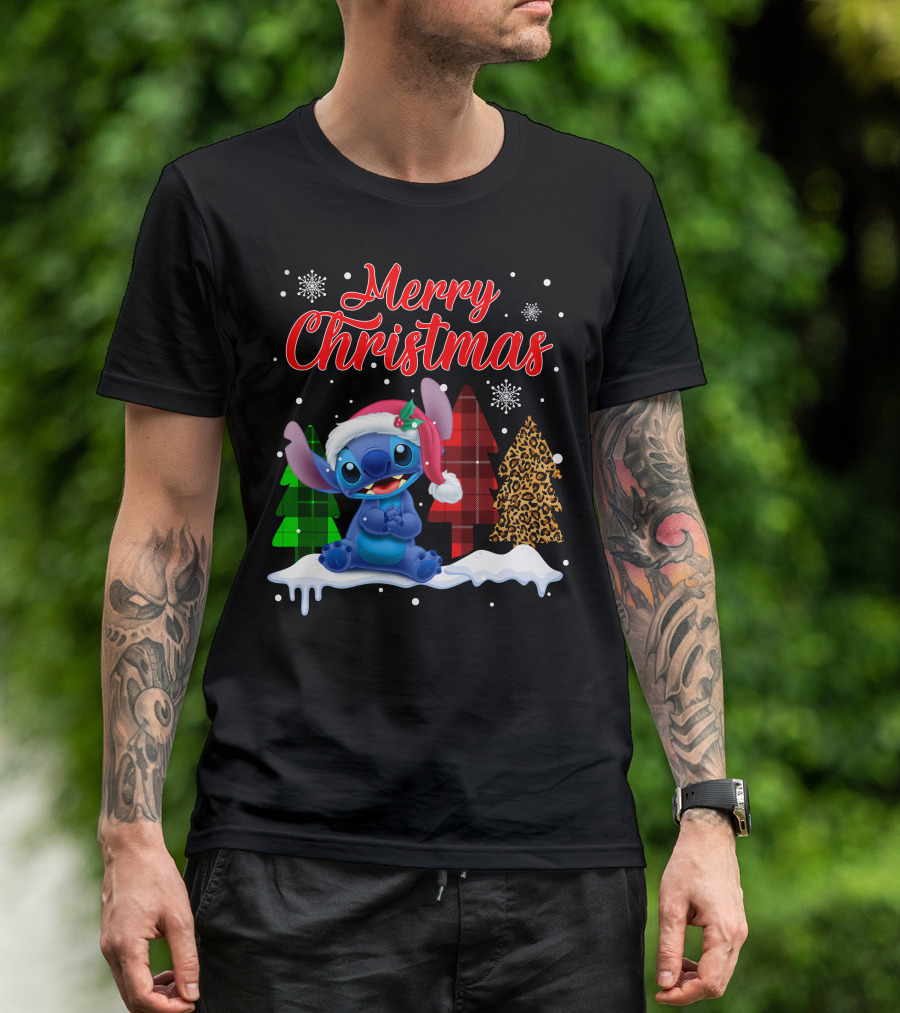 Merry Christmas Stitch Santa Hat Snow Plaid Trees T-Shirt
