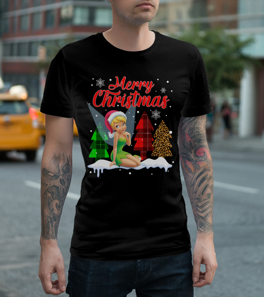 Merry Christmas Tinkerbell Santa Hat Plaid And Leopard Trees Snowflakes T-Shirt