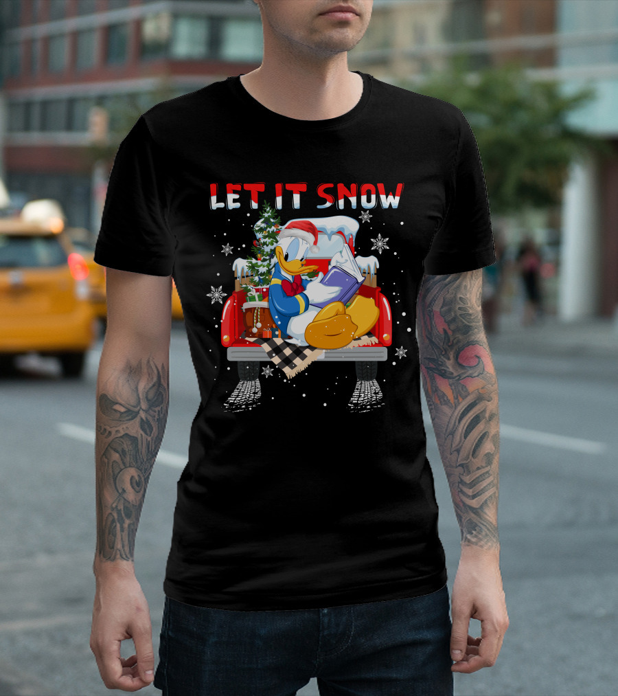 Let It Snow Donald Santa Hat Reading Winter Snowflakes Christmas Tree Red Truck T-Shirt