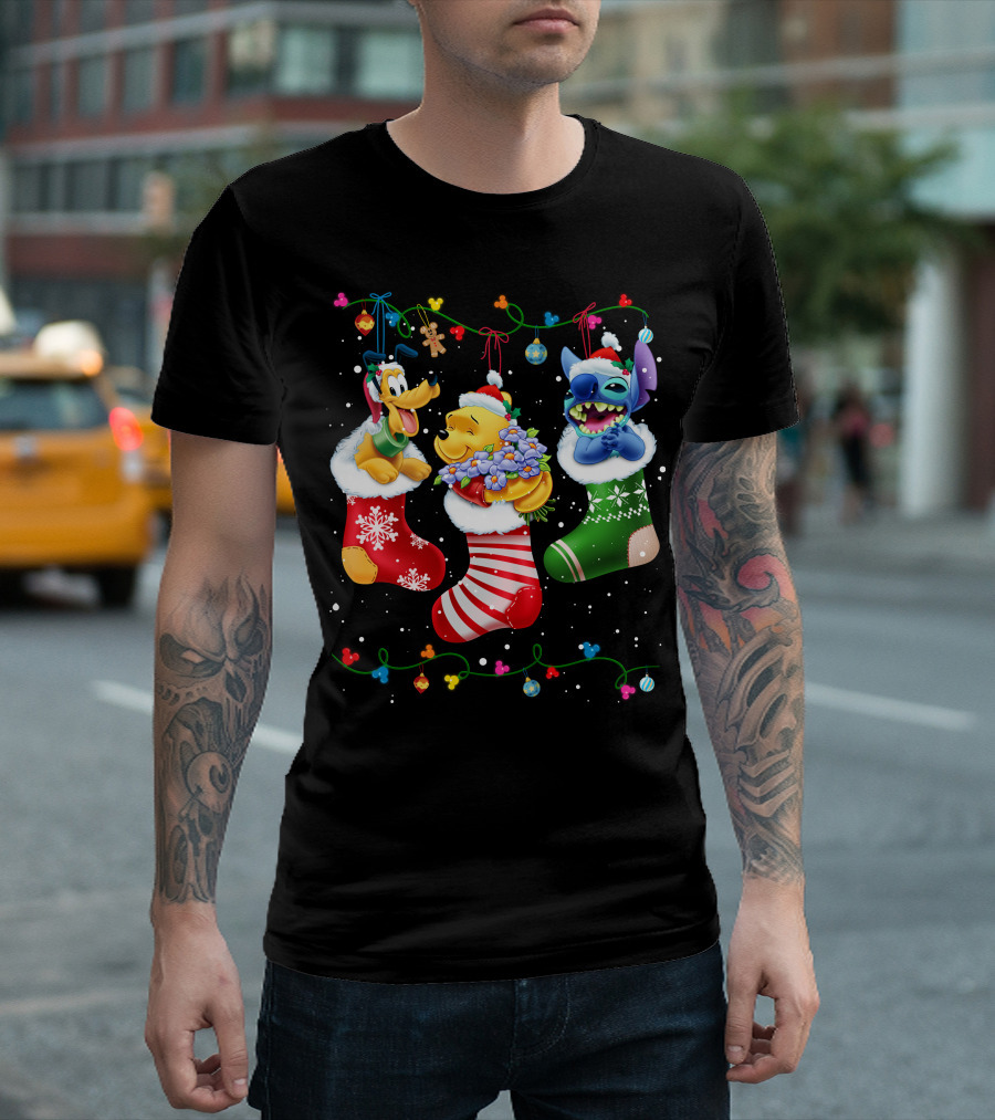 Pluto Stitch Pooh Christmas Stockings Festive Holiday Cartoon Characters T-Shirt
