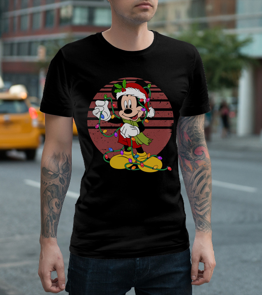 Mickey Mouse Christmas Lights Santa Hat Holiday T-Shirt
