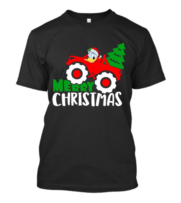 Merry Christmas Donald Duck Monster Truck Santa Hat Holiday Tree T-Shirt