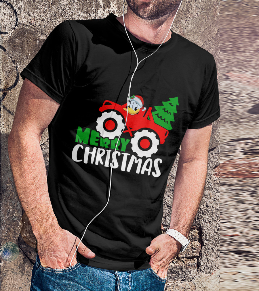 Merry Christmas Donald Duck Monster Truck Santa Hat Holiday Tree T-Shirt