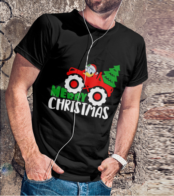 Merry Christmas Donald Duck Monster Truck Santa Hat Holiday Tree T-Shirt