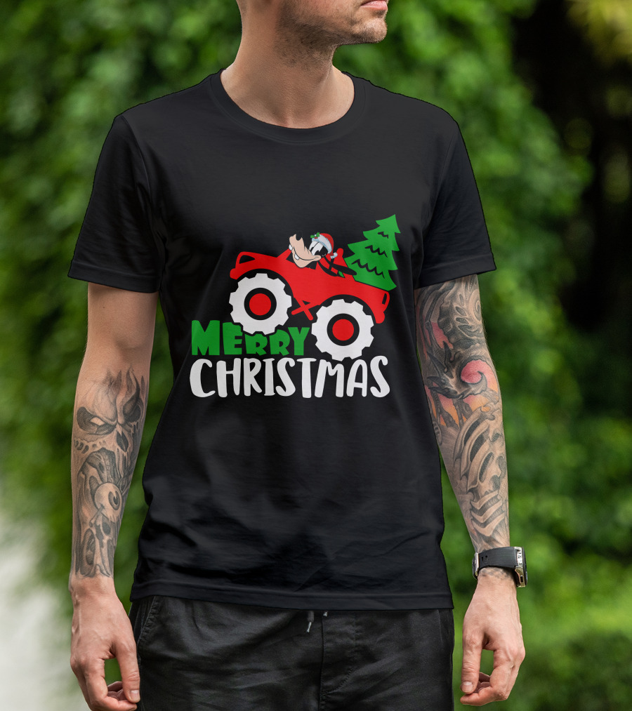 Merry Christmas Goofy In Santa Hat On Red Tractor With Christmas Tree T-Shirt