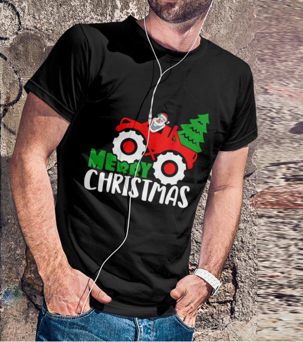 Merry Christmas Olaf Monster Truck With Santa Hat And Christmas Tree T-Shirt