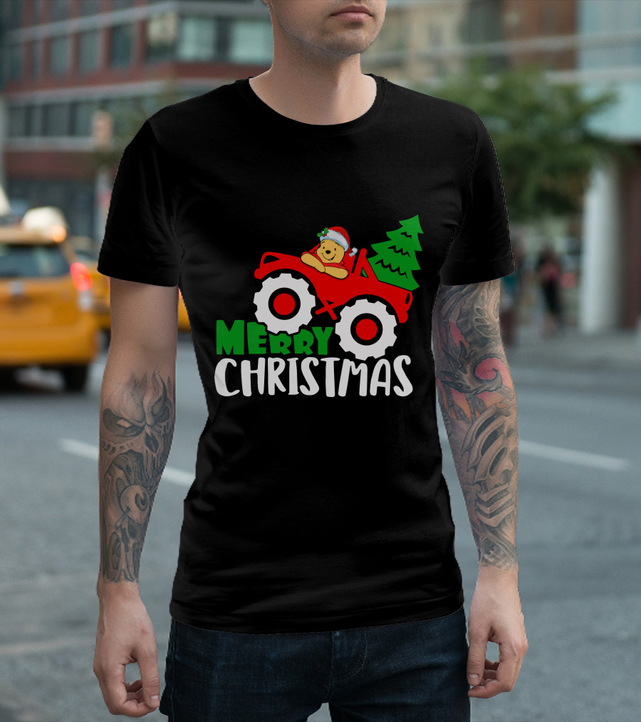 Merry Christmas Pooh Tractor Santa Hat Tree T-Shirt