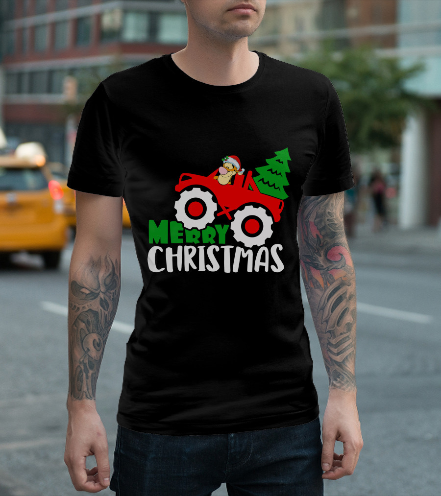 Merry Christmas Tigger Santa Hat Tractor Tree T-Shirt