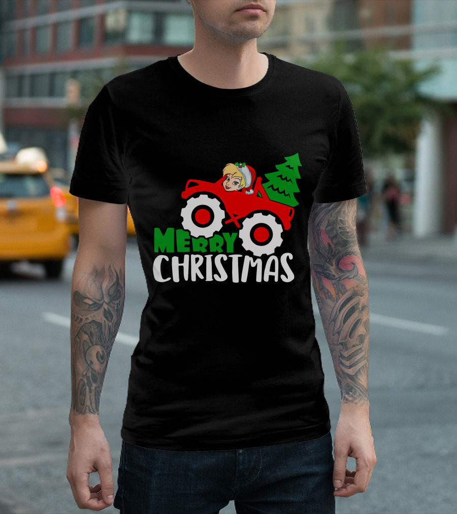 Merry Christmas Tinkerbell In Santa Hat Riding Tractor With Christmas Tree T-Shirt
