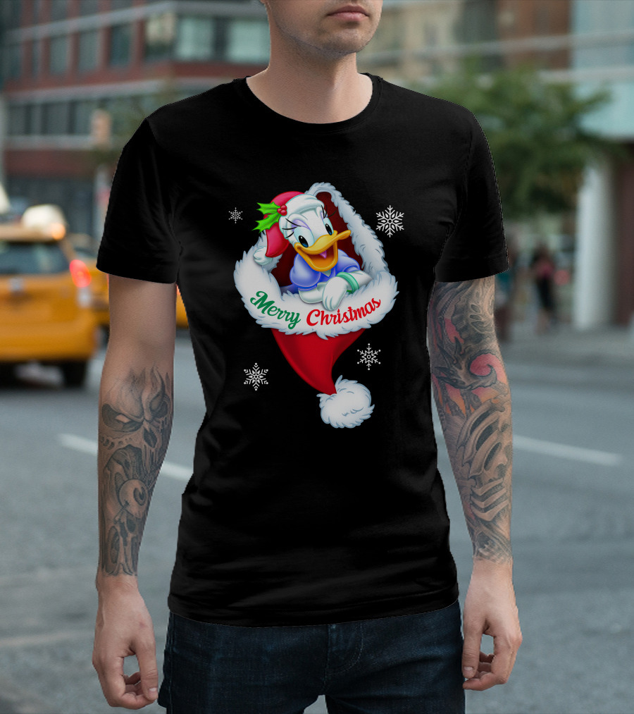 Merry Christmas Daisy Duck Santa Hat Snowflakes T-Shirt