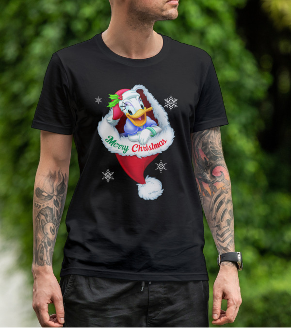 Merry Christmas Daisy Duck Santa Hat Snowflakes T-Shirt