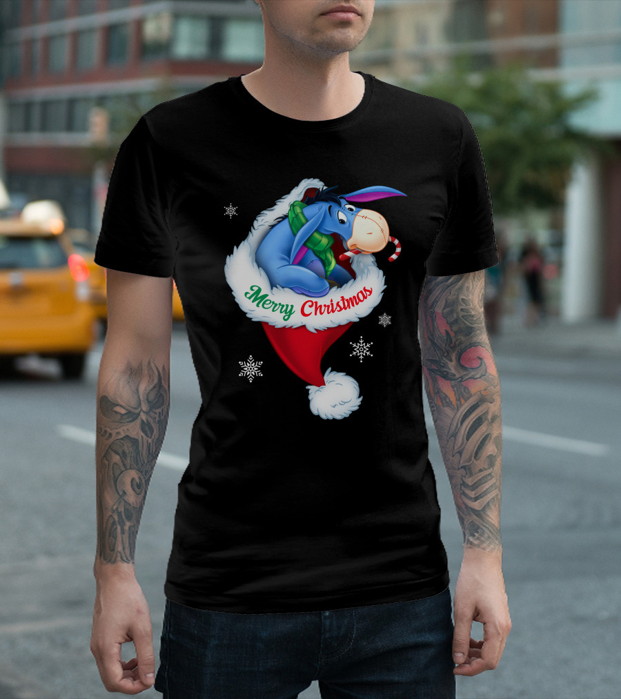 Eeyore Merry Christmas Santa Hat Snowflakes T-Shirt