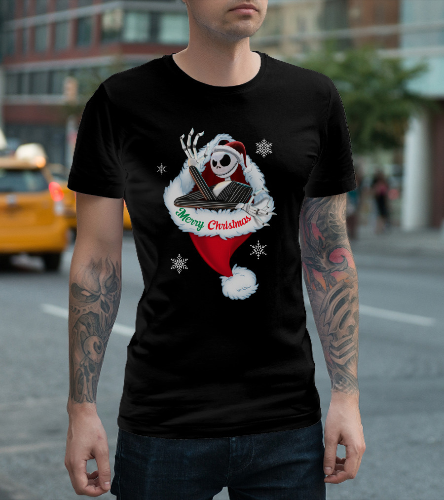 Jack Skellington Merry Christmas Santa Hat Snowflakes T-Shirt