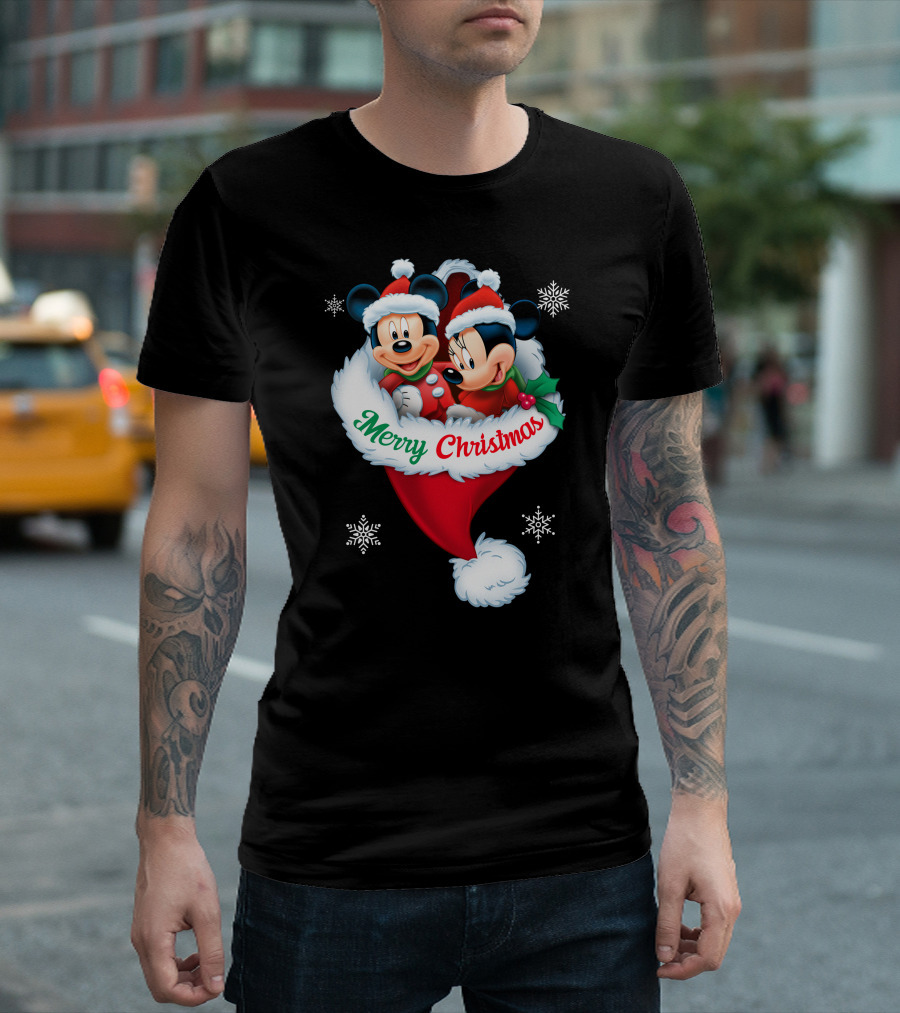 Merry Christmas Mickey Minnie Santa Hat Snowflakes T-Shirt