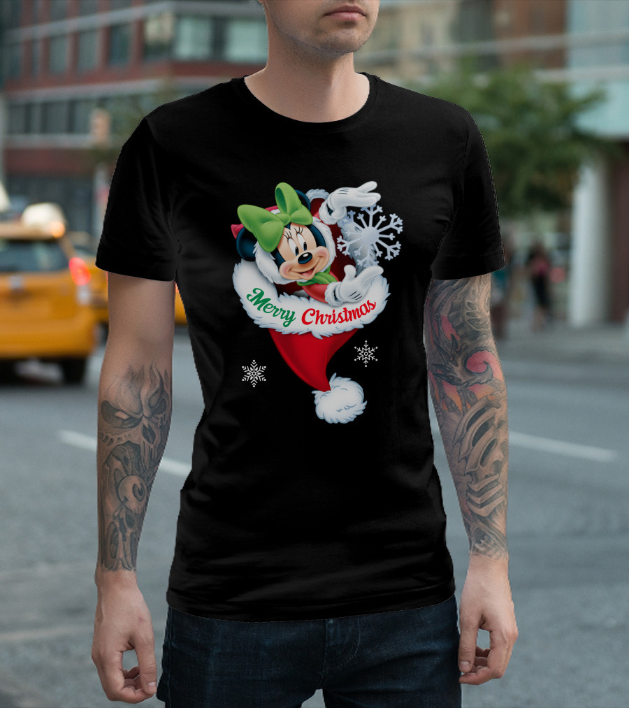 Minnie Mouse Merry Christmas Santa Hat Snowflakes T-Shirt