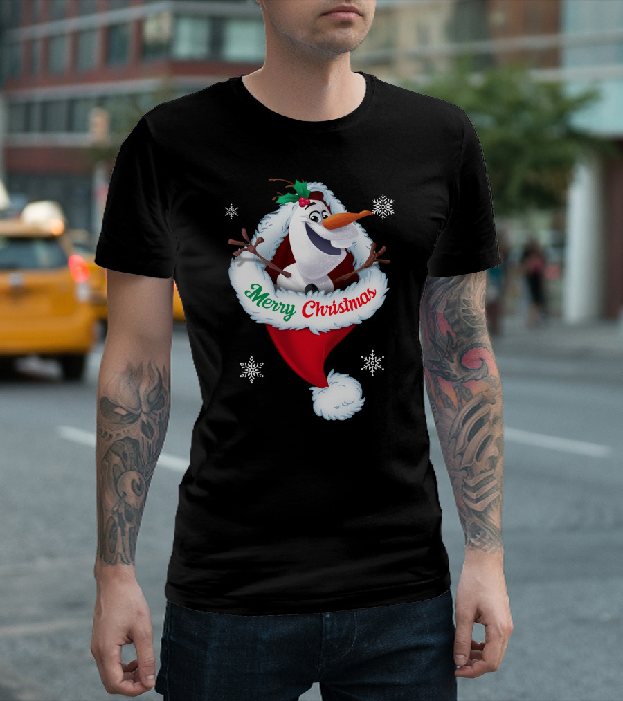 Olaf Merry Christmas Santa Hat With Snowflakes T-Shirt