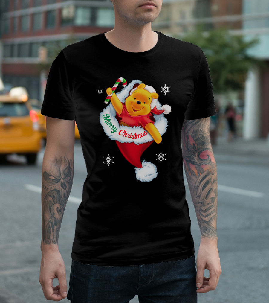 Winnie The Pooh Merry Christmas Santa Hat Candy Cane T-Shirt