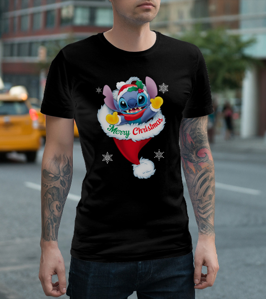 Merry Christmas Stitch Santa Hat Snowflakes T-Shirt