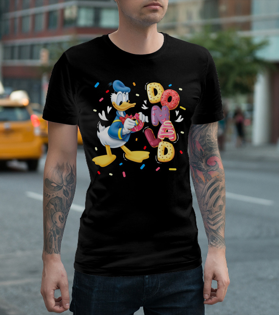 Donald Duck With Colorful Donut Letters And Sprinkles T-Shirt