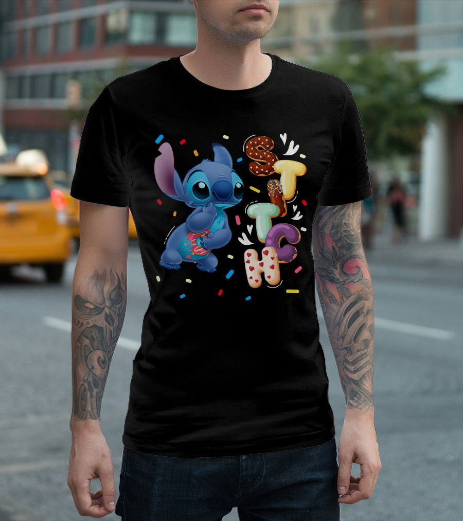 Stitch Donut Letter Sprinkles And Cute Blue Alien Character T-Shirt