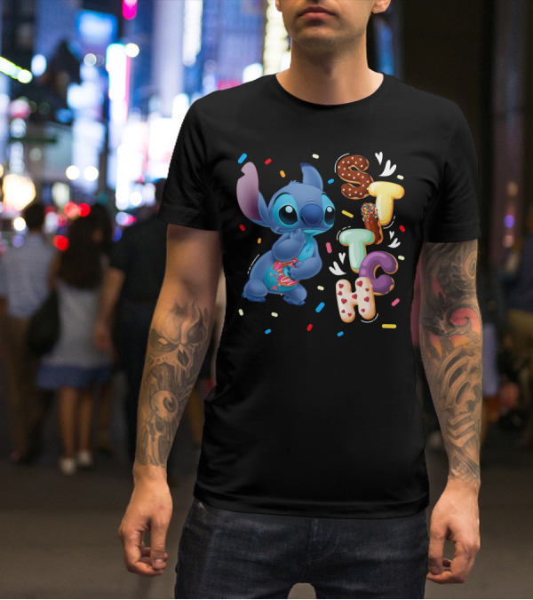 Stitch Donut Letter Sprinkles And Cute Blue Alien Character T-Shirt
