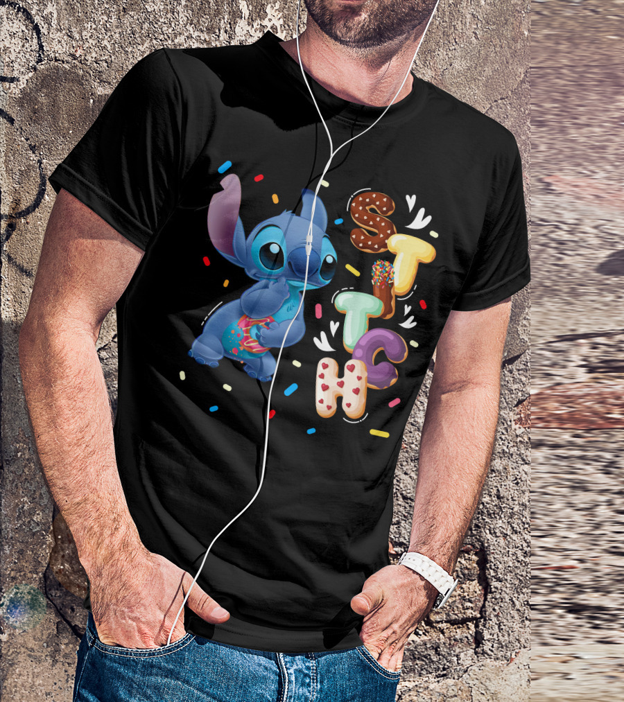 Stitch Donut Letter Sprinkles And Cute Blue Alien Character T-Shirt