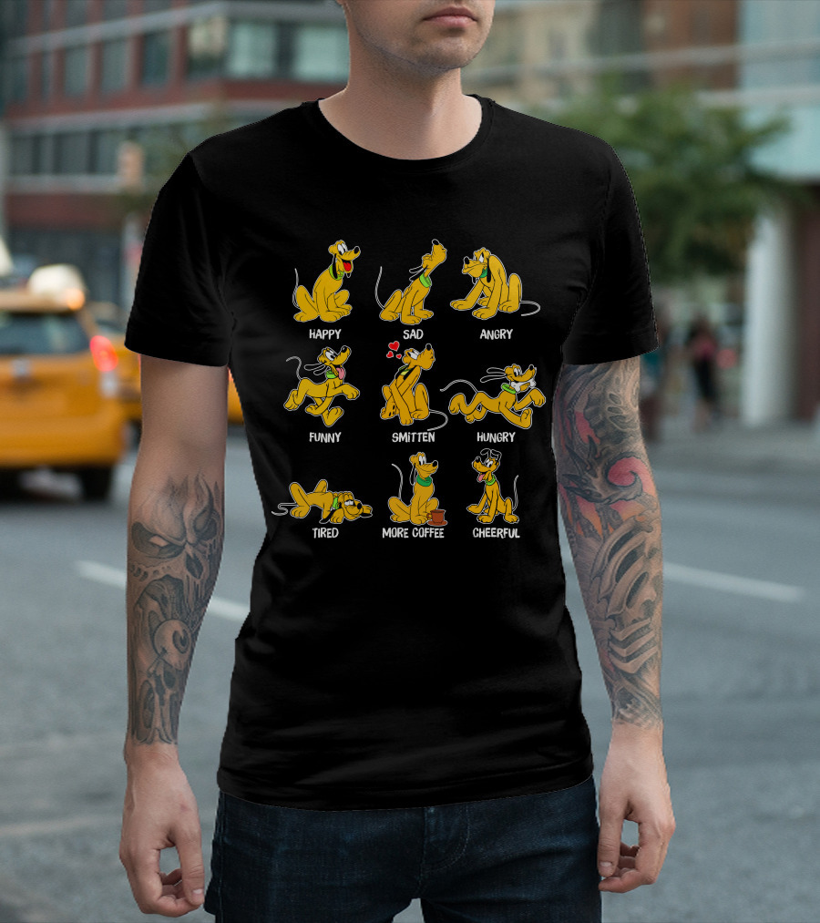 PLUTO MOODS HAPPY SAD ANGRY FUNNY SMITTEN HUNGRY TIRED MORE COFFEE CHEERFUL T-Shirt