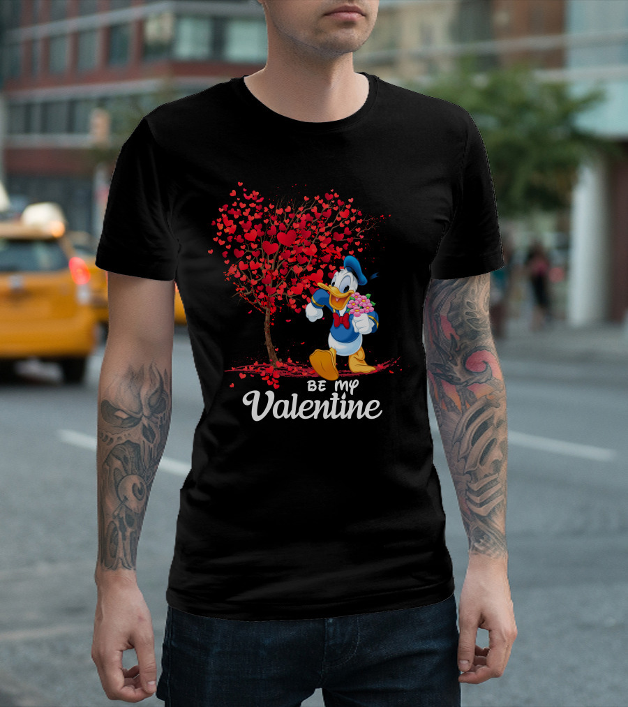 Be My Valentine Donald Duck Holding Flowers And Heart Tree T-Shirt