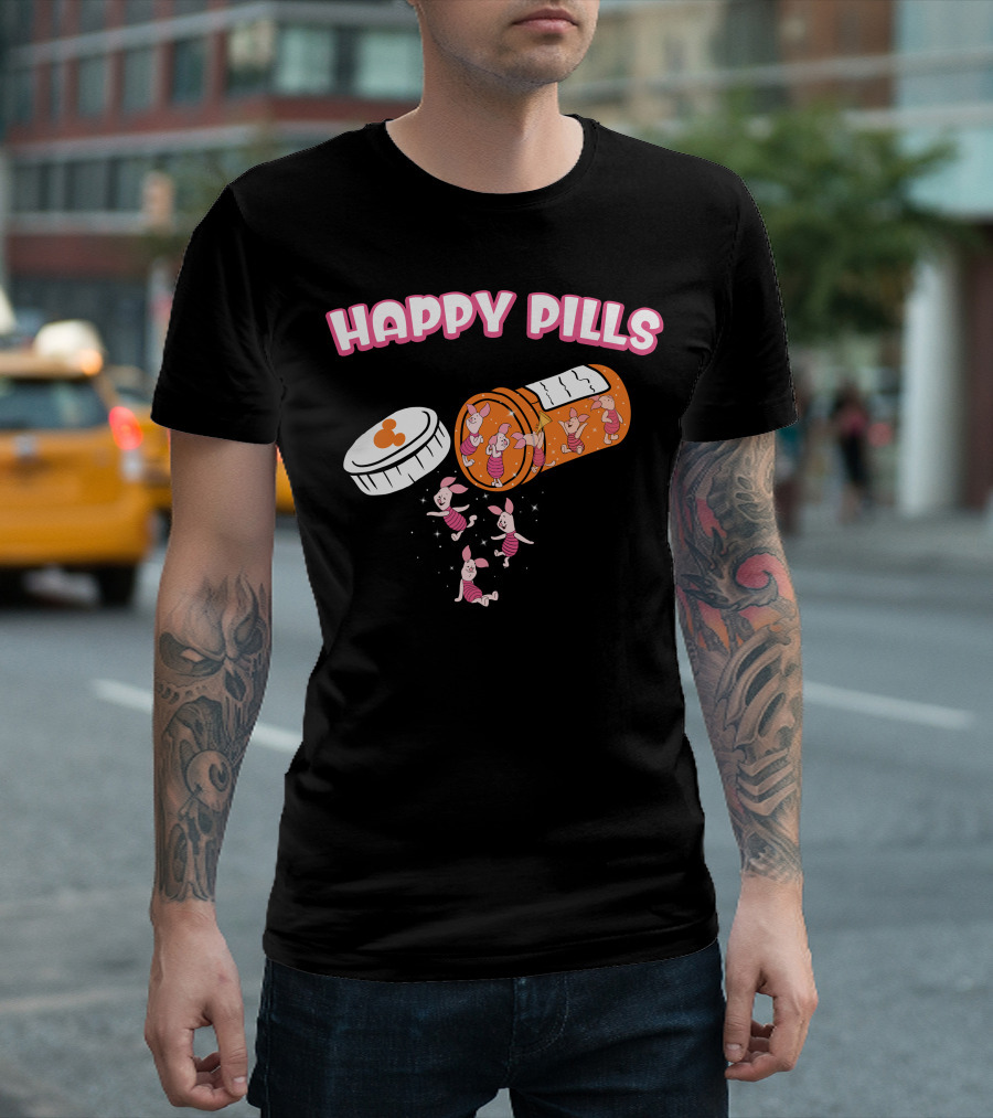 HAPPY PILLS Piglet Characters in Prescription Bottle T-Shirt