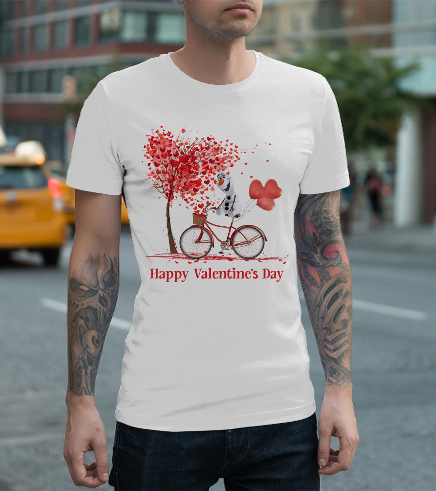OL Valentine Happy Valentine's Day Olaf Bicycle Hearts Tree T-Shirt