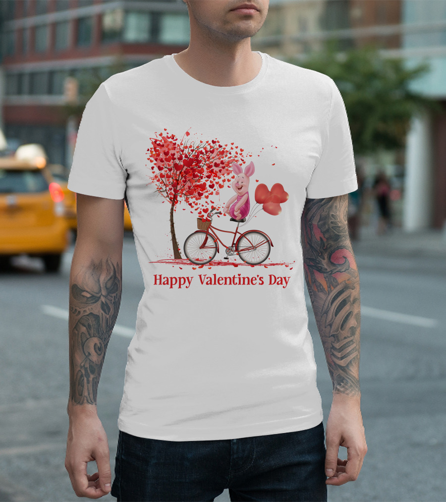 Happy Valentine's Day Piglet With Heart Balloons On Bicycle T-Shirt